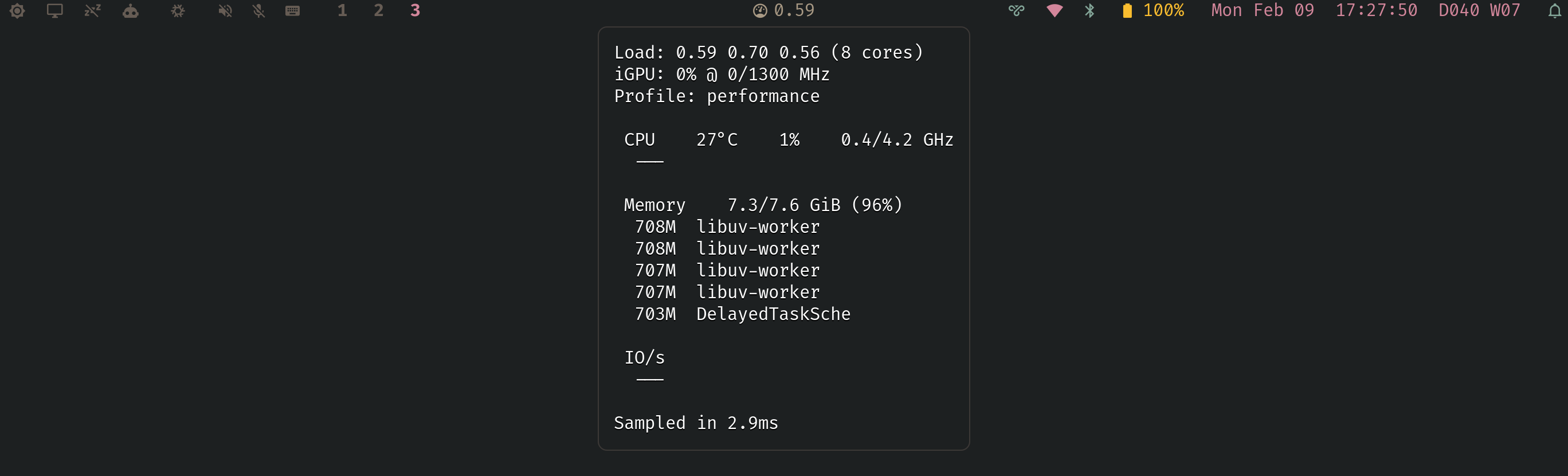 rstat Waybar tooltip showing CPU, memory, IO breakdown, sampled in 2.9ms
